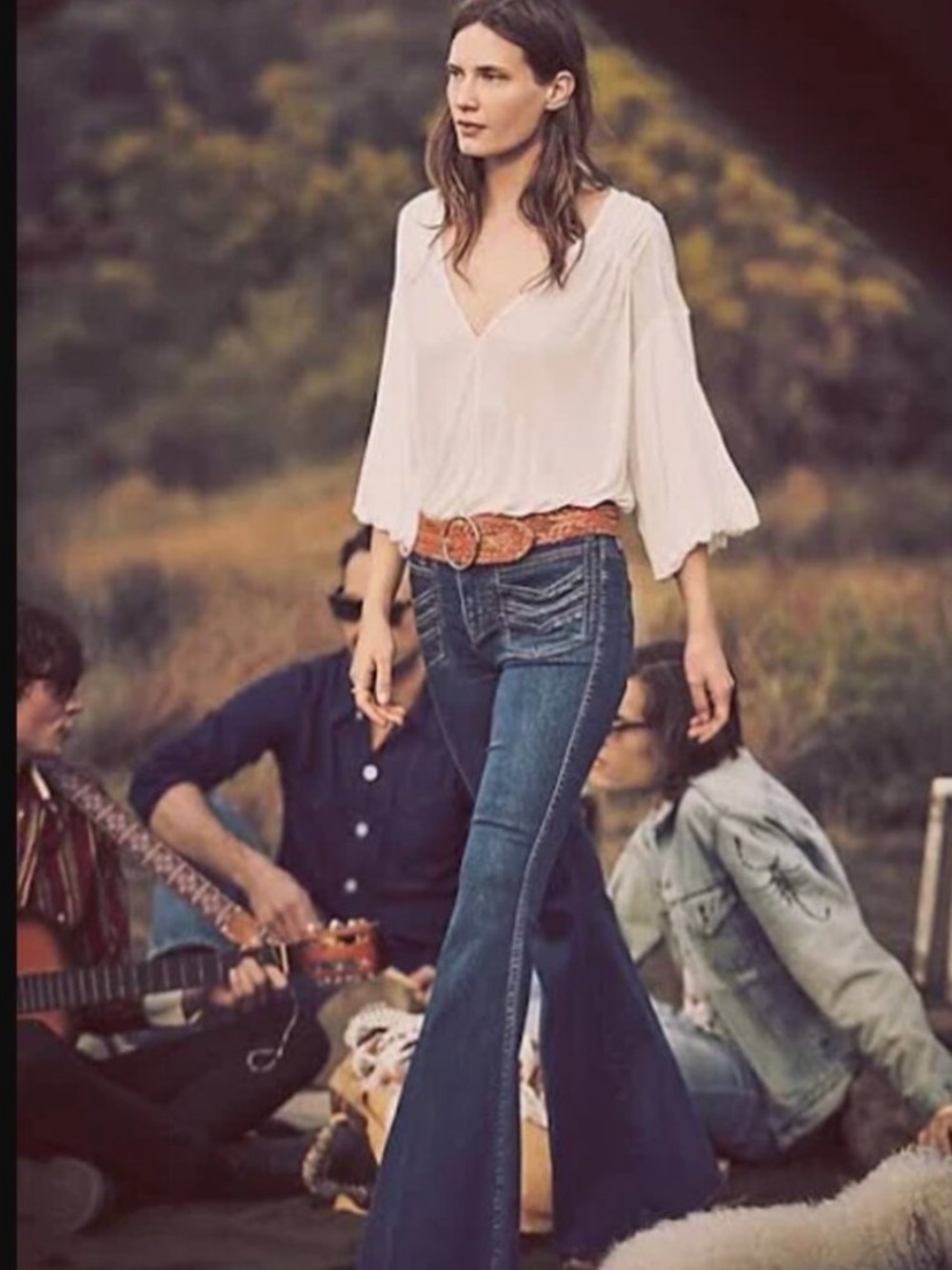 FREE PEOPLE *RARE* Stella’ Super Flare Jeans Chevron Patch Front Pockets